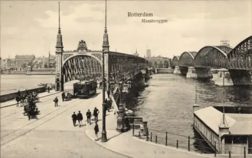 Ak Rotterdam Südholland Niederlande, Brücke in  Maasbruggen, Straßenbahn, Fluss