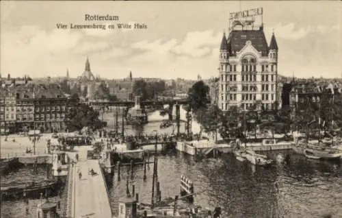 Ak Rotterdam Südholland Niederlande,  Vier Leeuwenbrug, Witte Huis, Hafenansicht, Schiffe