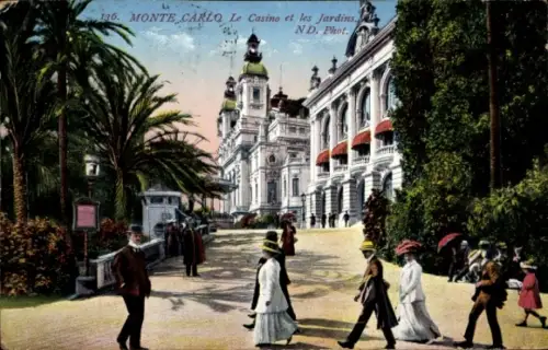 Ak Monte Carlo Monaco,  Casino, Gärten, Menschen, Spaziergang
