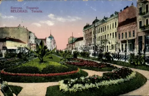 Ak Beograd Belgrad Serbien, Blumenbeet, Gebäude,  Terazije, farbige 