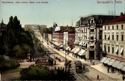 Ak Christiania Oslo Norwegen,  Carl Johans Gade, Slottet, Serravallo's Tonic, GRAND HOTEL