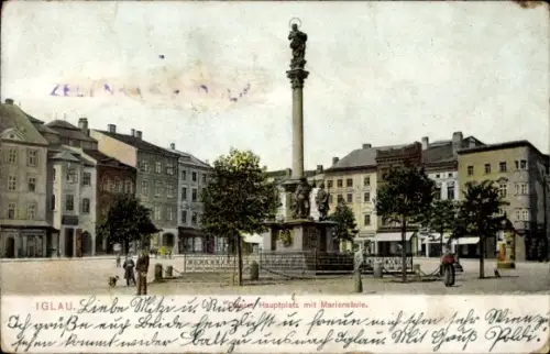 Ak Jihlava Iglau Region Hochland, Hauptplatz mit Mariensäule,  farbige , Grußbotschaft