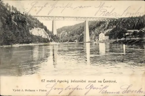 Ak Červená Voda Mährisch Rothwasser Region Pardubice, Eisenbahnbrücke, Wasser, Landschaft, J. Hof