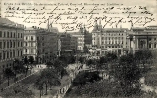 Ak Brno Brünn Südmähren, Staatsrealschule, Zollamt, Dorethof, Bienenhaus und Stadttheater