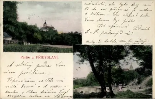 Ak Přibyslav Primislau Region Hochland, Landschaft mit Bäumen, Wasserlauf, Schloss im Hintergrund