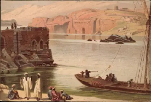 Ak Alexandria Ägypten, Boot, Uferpartie, Ruine