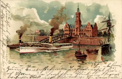 Künstler Litho Stöwer, Willy, Abfahrt des Dampfers Hecht vom Anleger des Freihafens