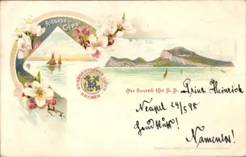 Litho Capri Neapel Campania, Panorama, Norddeutscher Lloyd Bremen, Dampfer SS Prinz Heinrich
