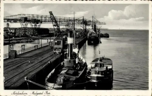 Ak Nordenham in Oldenburg Niedersachsen, Nordenham Midgard Pier, Schiffe, Hafen, Kräne
