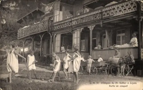 Ak Leysin Kanton Waadt, Kliniken Dr. Kollier, Kinder beim Lichtbad, Croquet, Eselskarren