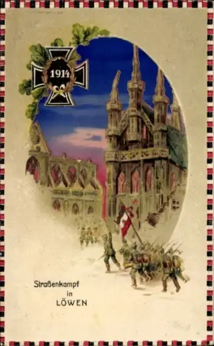 Haltgegendaslicht Litho Louvain Leuven Flämisch Brabant, Straßenkampf in Löwen 1914, Dom, Soldaten