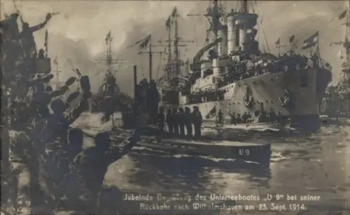 Ak Jubelnde Begrüßung des Unterseebootes U9 bei Rückkehr nach Wilhelmshaven, 1914