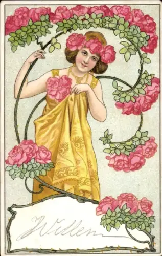 Jugendstil Litho Frau im goldenen Kleid, Rosenranken