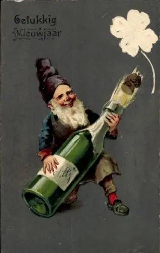Präge Ak Fröhliches Neujahr, Zwerg mit Sektflasche, Korken, Kleeblatt