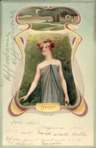 Jugendstil Litho Nacht, Frauenbildnis