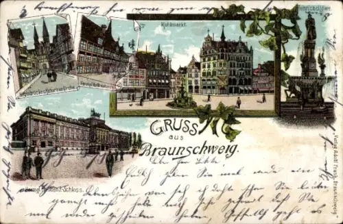 Litho Braunschweig, Kohlmarkt, Denkmal Heinrich der Löwe, Herzogliches Residenzschloss, Kirche