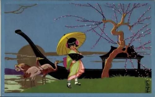 Künstler Ak Asiatisches Mädchen mit Fächer und Schirm, Boot, Kraniche