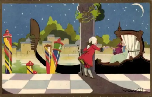 Künstler Ak Castellin, Gondel an der Anlegestelle, Liebespaar