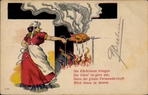 Litho Die Köchinnen bringen die Gäns' so gern um, große Verwandtschaft wird ihnen zu dumm