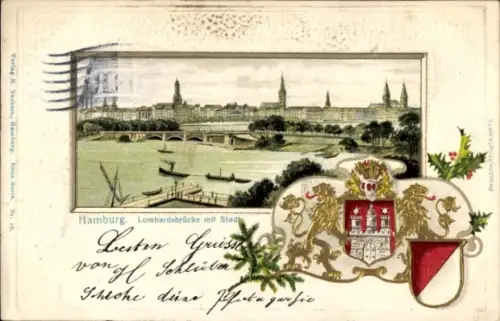 Präge Wappen Passepartout Litho Hamburg, Lombardsbrücke, Stadtpanorama