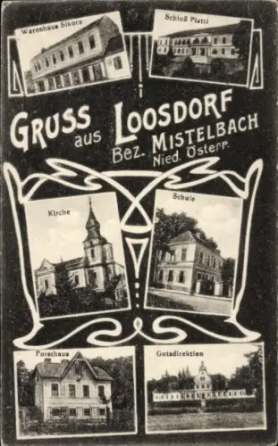 Ak Loosdorf Niederösterreich, Warenhaus Sikora, Schloss Piatti, Kirche, Schule, Forsthaus, Gutsdirek
