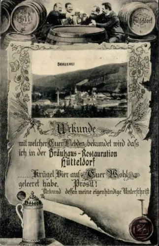 Ak Wien 13 Hietzing Hütteldorf, Brauerei, Bräuhaus-Restauration, Urkunde
