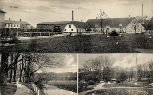 Ak Revsø Refsö Refsoe Nordschleswig Dänemark, Landschaft mit Gebäuden, Wiese, Bäume, Wasserlauf