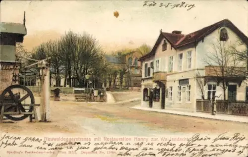 Ak Neuwaldegg Wien 17 Hernals, Neuwaldeggerstraße mit Restauration Hanny Waldandacht