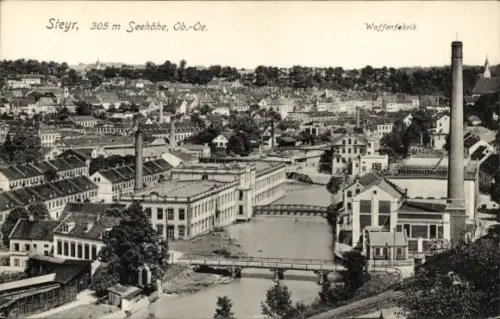 Ak Steyr in Oberösterreich,  305 m Seehöhe, Waffenfabrik, Stadtansicht, Fluss