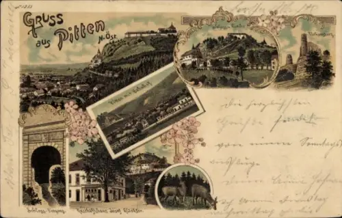 Ak Pitten Niederösterreich,  mit Landschaften, Bahnhof, Schloss-Eingang, Blumenmuster