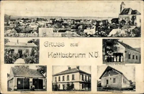 Ak Kettlasbrunn Mistelbach in Niederösterreich, Gesamtansicht, Gasthaus, Post, Schule, Zeughaus