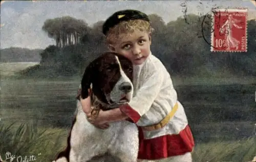 Künstler Ak Junge mit einem Hund, Portrait