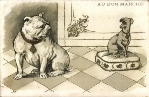 Litho Zwei Hunde, Bulldogge, Terrier auf einem Kissen