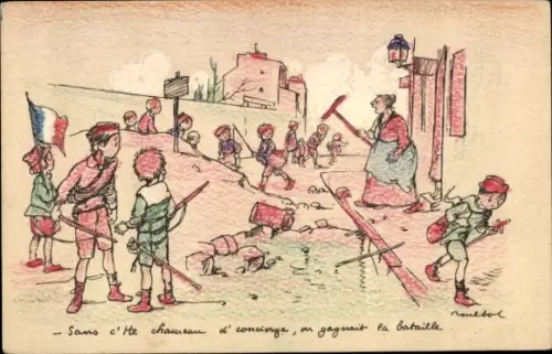 Künstler Ak Poulbot, Francisque, Kinder, die Krieg spielen