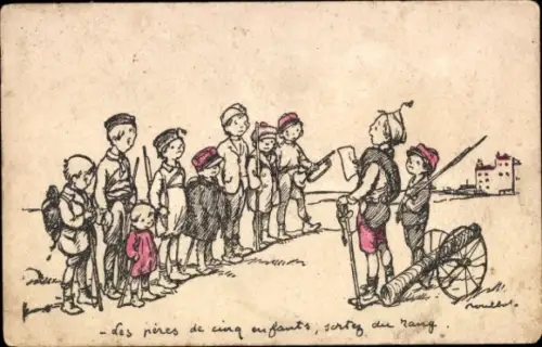 Künstler Ak Poulbot, Francisque, Kinder, die Krieg spielen, Kanone