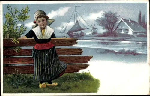 Künstler Ak Mädchen in Niederländischer Tracht, Segelboot