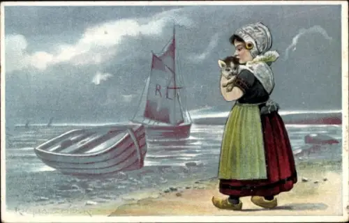 Künstler Ak Mädchen in Niederländischer Tracht, Katze, Segelboot