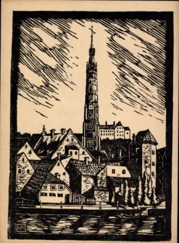 Künstler Ak Hamm, Jos., Landshut in Niederbayern, Röcklturm, Martinskirche, Linolschnitt