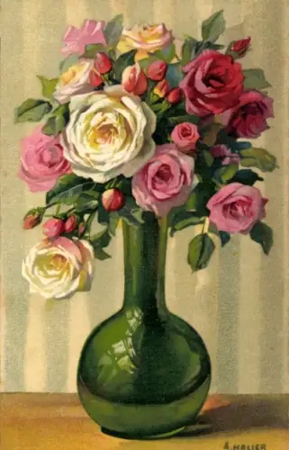 Künstler Ak Haller, A., Rosen in einer grünen Blumenvase