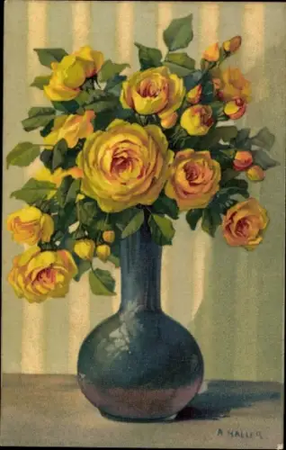 Künstler Ak Haller, A., Blumenstrauß aus gelben Rosen in einer Vase, Stillleben