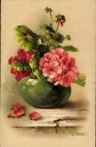 Künstler Ak Klein, Catharina, Pinke Blumen, Blumenvase