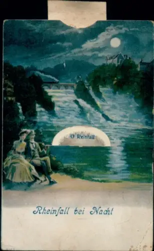 Leporello Ak Rheinfall Kanton Schaffhausen, Wasserfall bei Nacht, Liebespaar