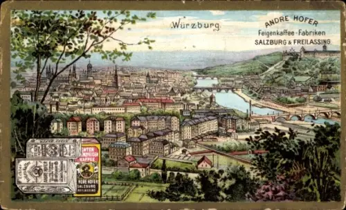 Litho Würzburg am Main Unterfranken, Gesamtansicht, Andre Hofer Feigenkaffee-Fabriken, Reklame