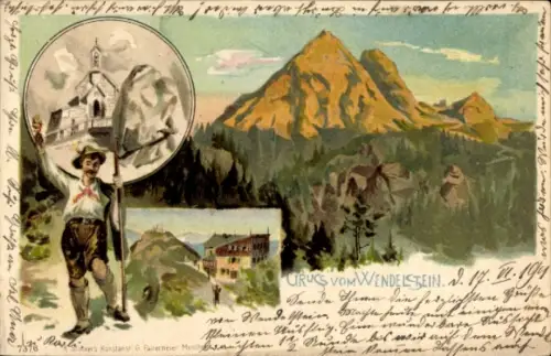 Litho Bayrischzell im Mangfallgebirge Oberbayern, Wendelstein, Wendelsteinhaus, Kirche, Wanderer