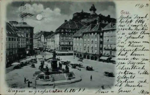 Mondschein Ak Graz Steiermark, Hauptplatz mit Denkmal, Marktstände, Geschäftshäuser