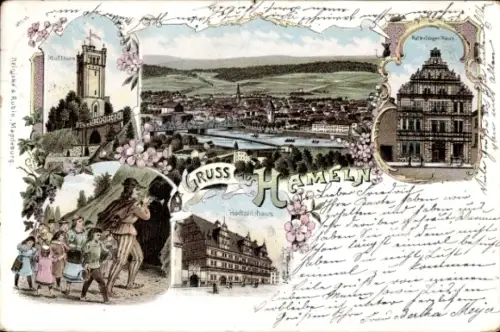 Litho Hameln an der Weser Niedersachsen, Rattenfänger Haus, Klütturm, Hochzeitshaus, Totalansicht