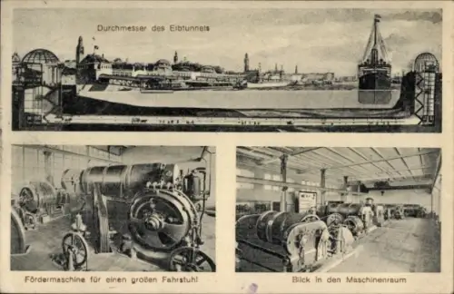 Ak Hamburg Mitte St. Pauli, Elbtunnel, Fördermaschine für einen großen Fahrstuhl, Maschinenraum