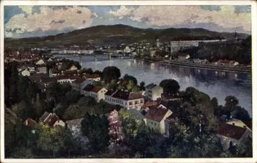 Ak Linz an der Donau Oberösterreich, Landschaft mit Fluss, Hügeln, Häusern, Linz a.D.