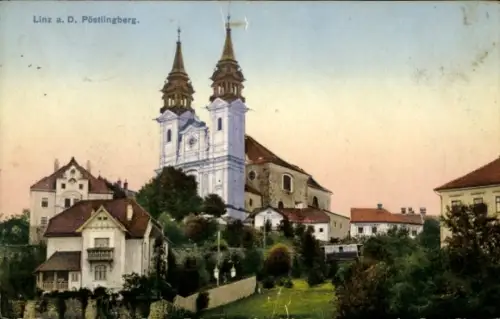 Ak Linz an der Donau Oberösterreich, Linz a. D. Pöstlingberg, Kirche, Häuser, Landschaft