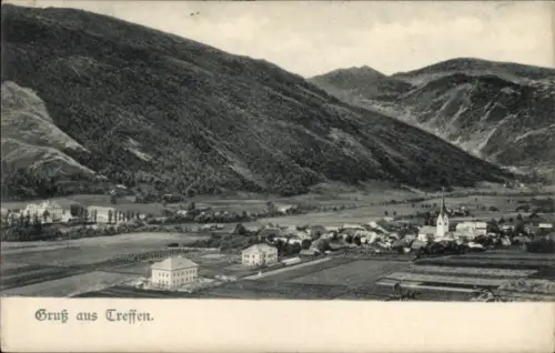 Ak Treffen am Ossiacher See Kärnten, Berglandschaft, Dorfansicht, Kirche, Felder, Gruß aus Treffe